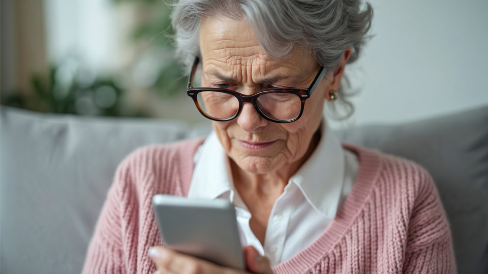 Ältere Frau betrachtet Smartphone